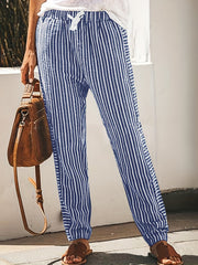 Striped Straight Leg Pants High Waist Drawstring