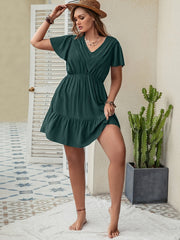  Solid V Neck Mini Smock Dress