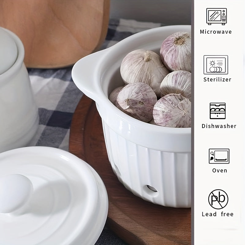 Ceramic Garlic Keeper with Lid Countertop Storage Bowl