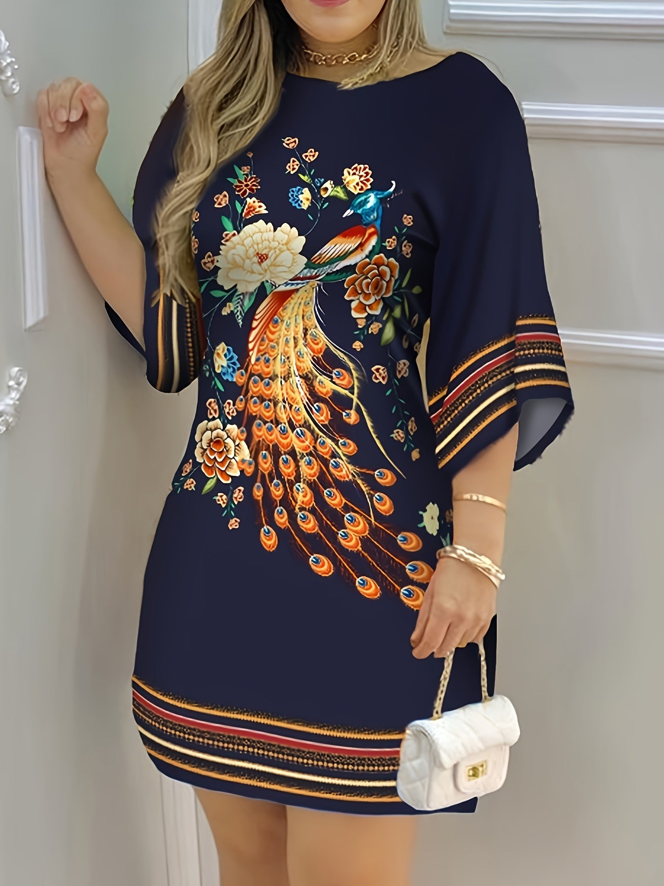  Peacock Print Half Sleeve Round Neck Mini Dress
