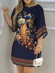  Peacock Print Half Sleeve Round Neck Mini Dress