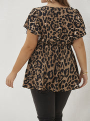  Leopard Print Ruffle Sleeve Peplum Top