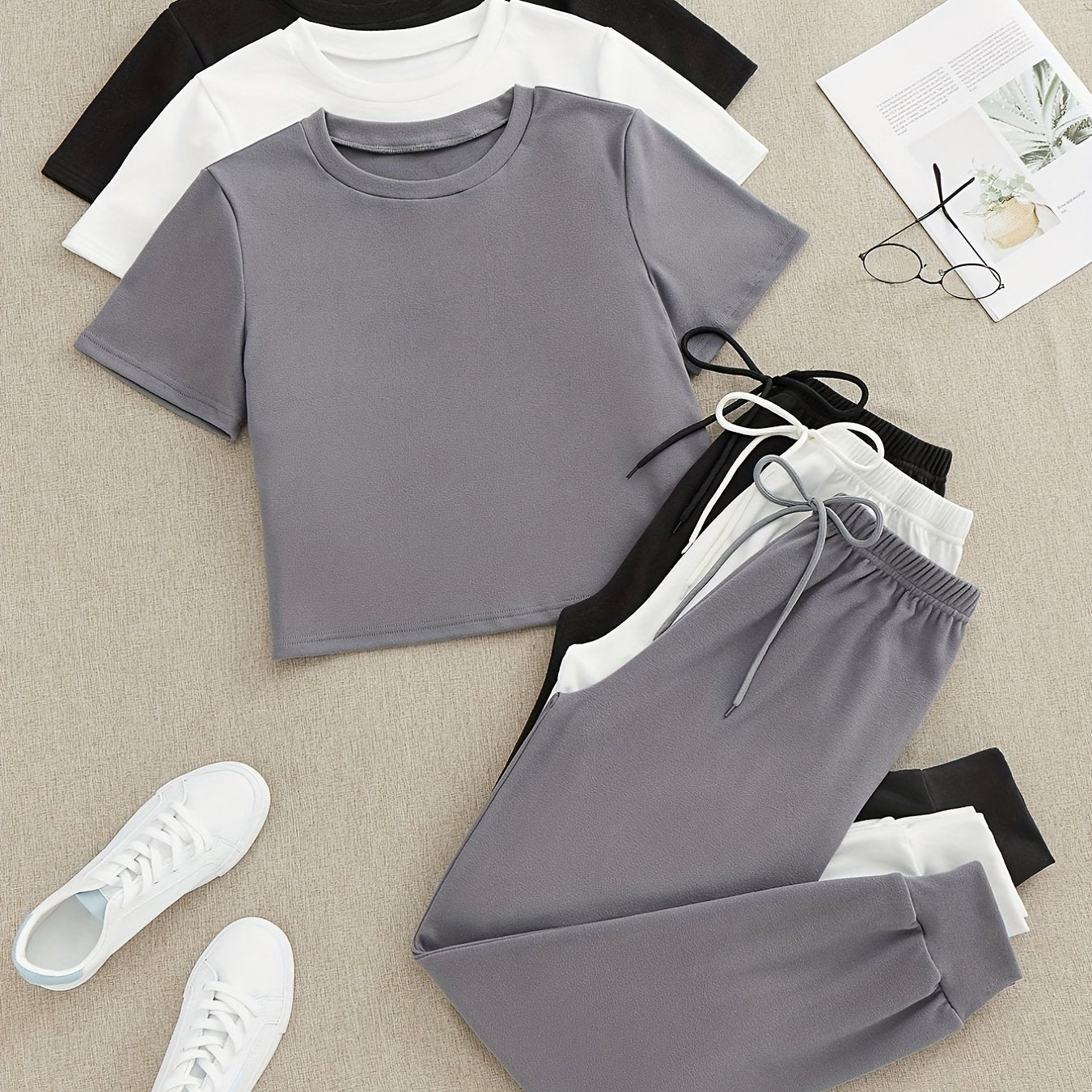 Solid Lounge Set Crew Neck Top & Lace Up Pants Women's Loungewear