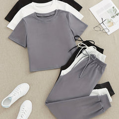 Solid Lounge Set Crew Neck Top & Lace Up Pants Women's Loungewear