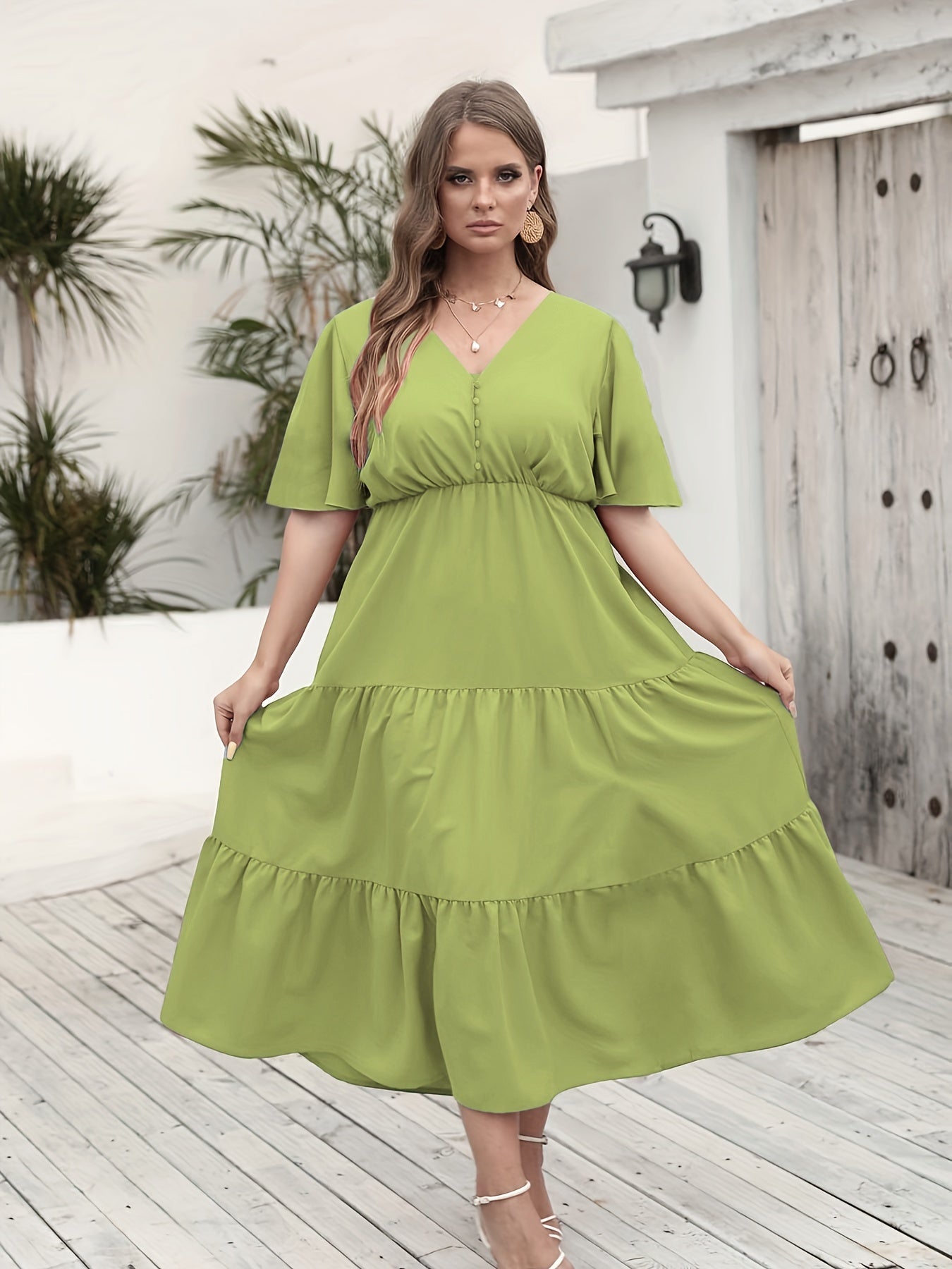  V Neck Flutter Sleeve Pom Pom Ruched Dress