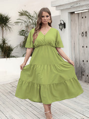  V Neck Flutter Sleeve Pom Pom Ruched Dress