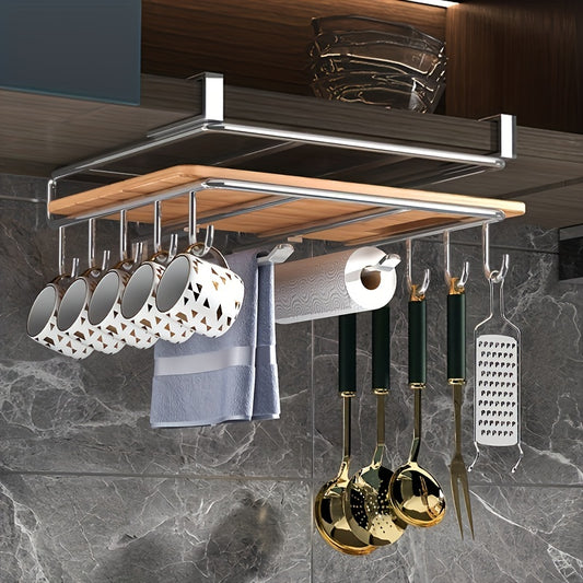Stainless Steel Kitchen Storage Rack with Hooks and Paper Towel Holder