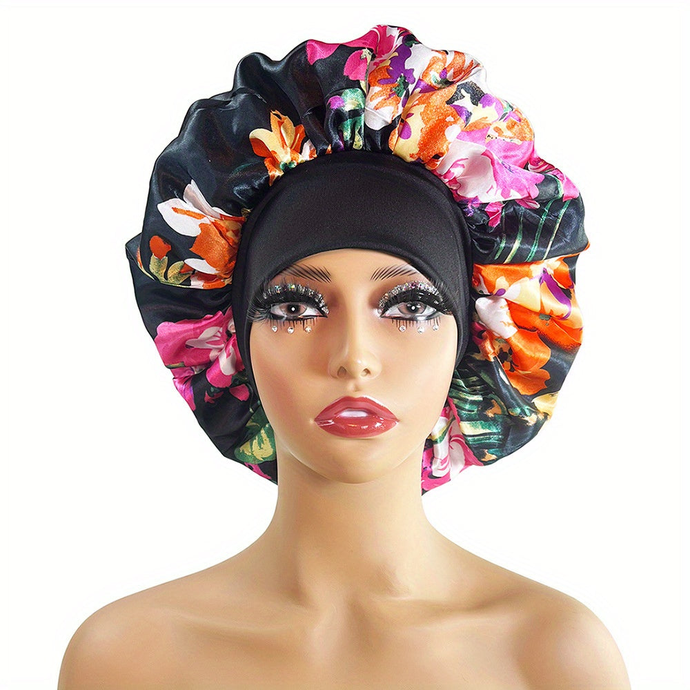 Flower Print Satin Bonnet Large Soft Elastic Sleeping Night Hat Silk Hair