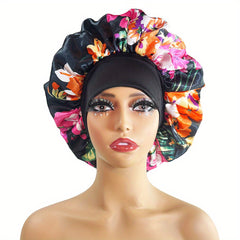 Flower Print Satin Bonnet Large Soft Elastic Sleeping Night Hat Silk Hair