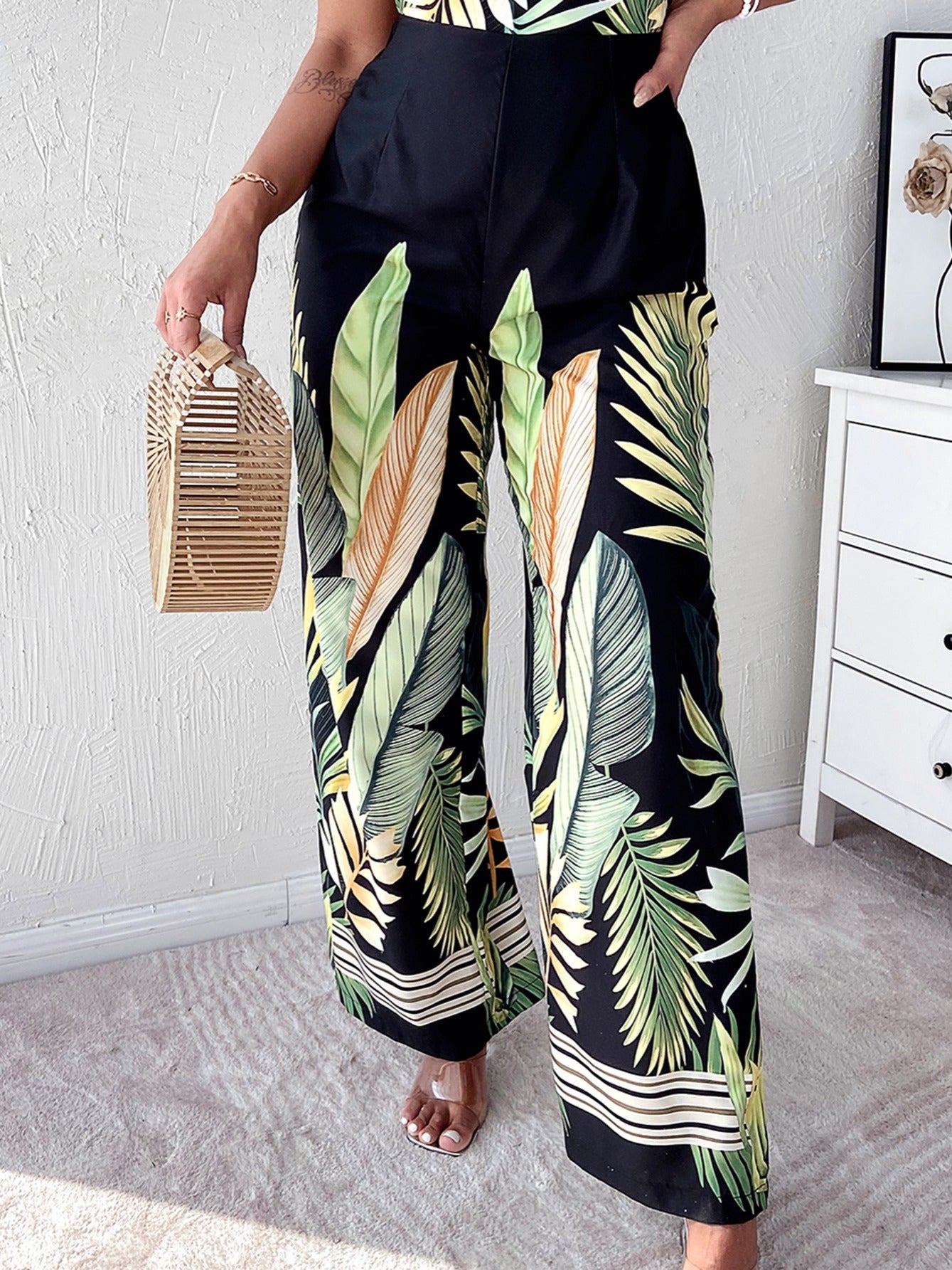 Tropical Print Suspender Jumpsuit for Women