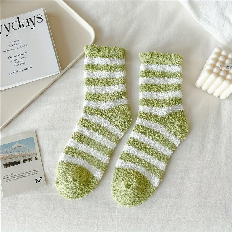 6 Pairs Heart & Stripe Pattern Plush Socks Soft Mid Tube Women's Stockings