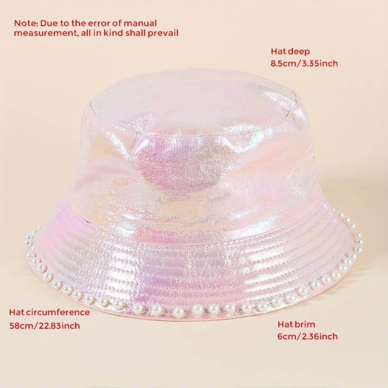Pink Laser Bucket Hat with Faux Pearl Decor