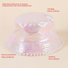 Pink Laser Bucket Hat with Faux Pearl Decor