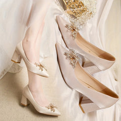 Chunky Heeled Pumps Butterfly Rhinestone Pointed Toe High Heels