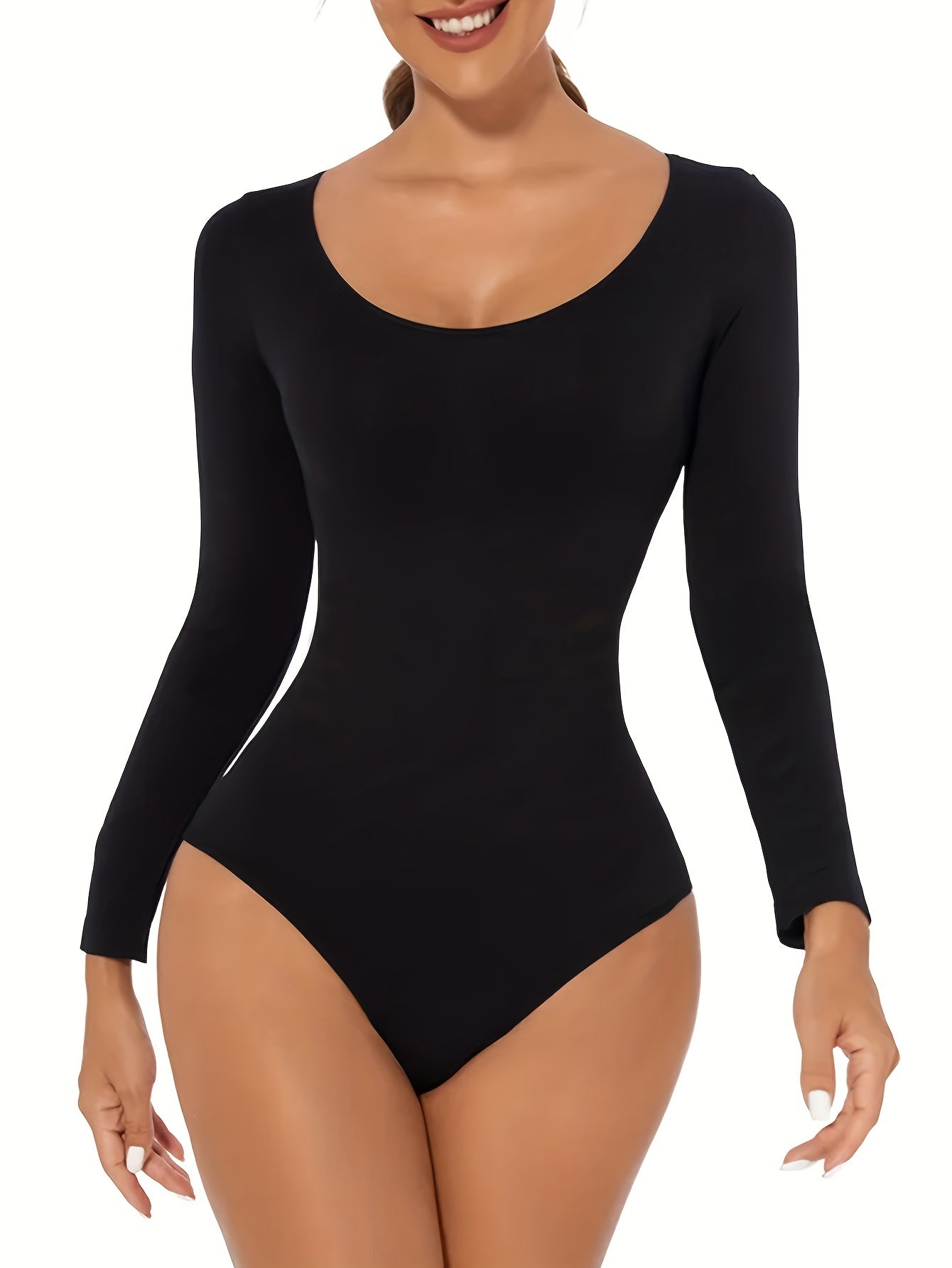 Seamless Solid Shaping Bodysuit Long Sleeve Crew Neck Slimming Body Shaper