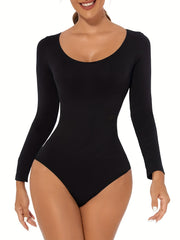 Seamless Solid Shaping Bodysuit Long Sleeve Crew Neck Slimming Body Shaper