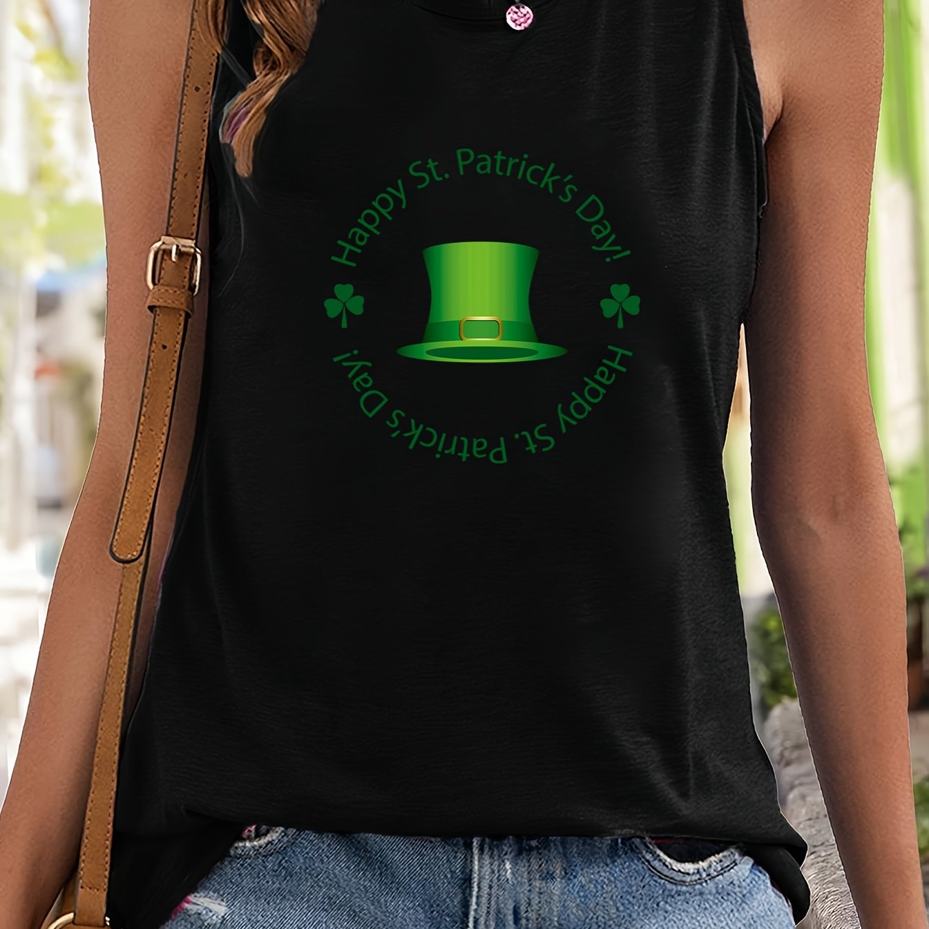 Hat & Leaf Print Sleeveless Sports Vest Round Neck Stretchy Casual Top