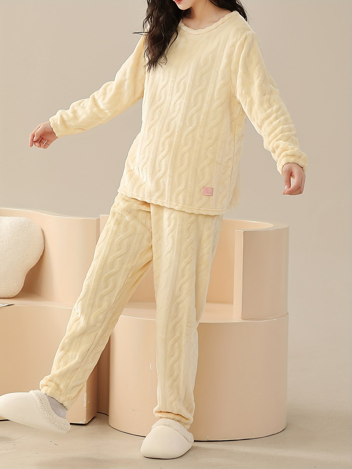 Cozy Fuzzy Pajama Set Long Sleeve Crew Neck Top & Elastic Waistband Pants