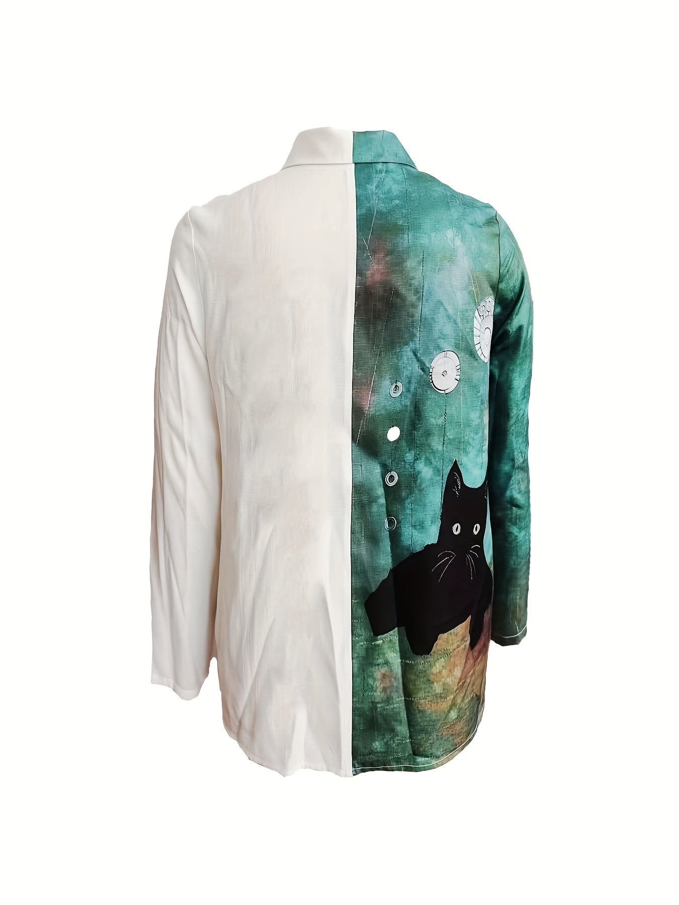  Colorblock Cat Print Button Up Long Sleeve Blouse
