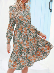 Women's Plus Floral Print Lantern Sleeve V Neck Dress