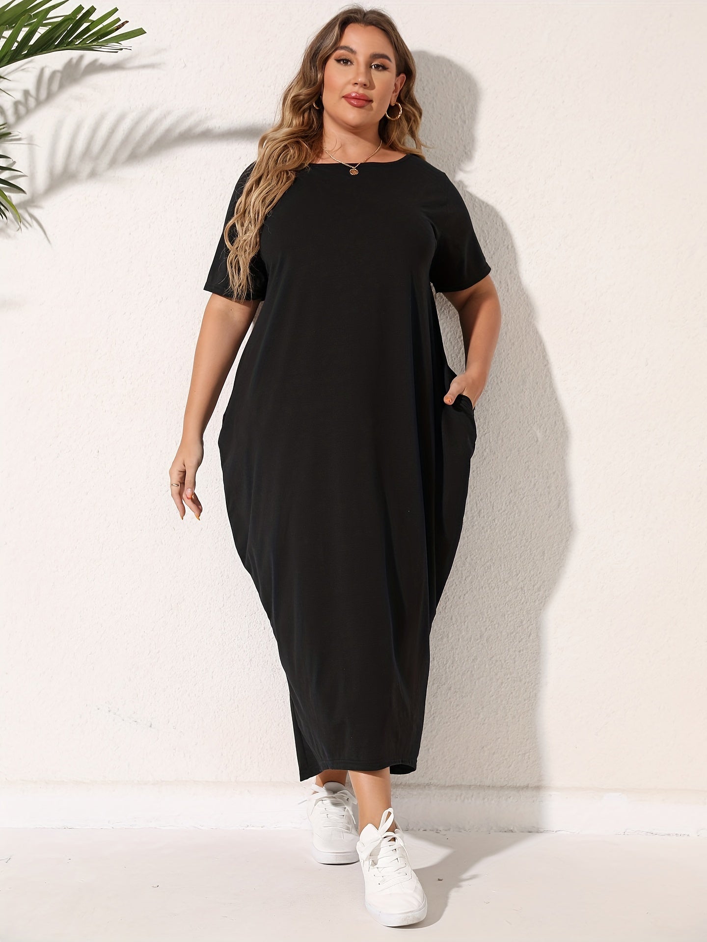  Solid Short Sleeve Maxi Dress With Pockets