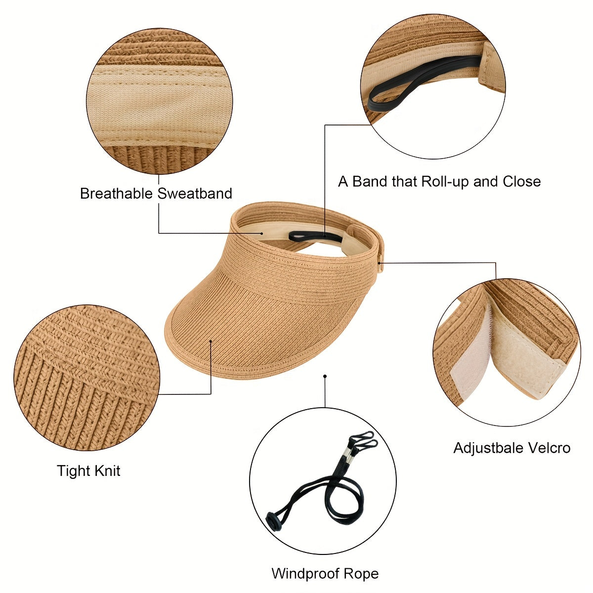 Solid Straw Visor Hat Foldable UV Protection Sun Hat for Women