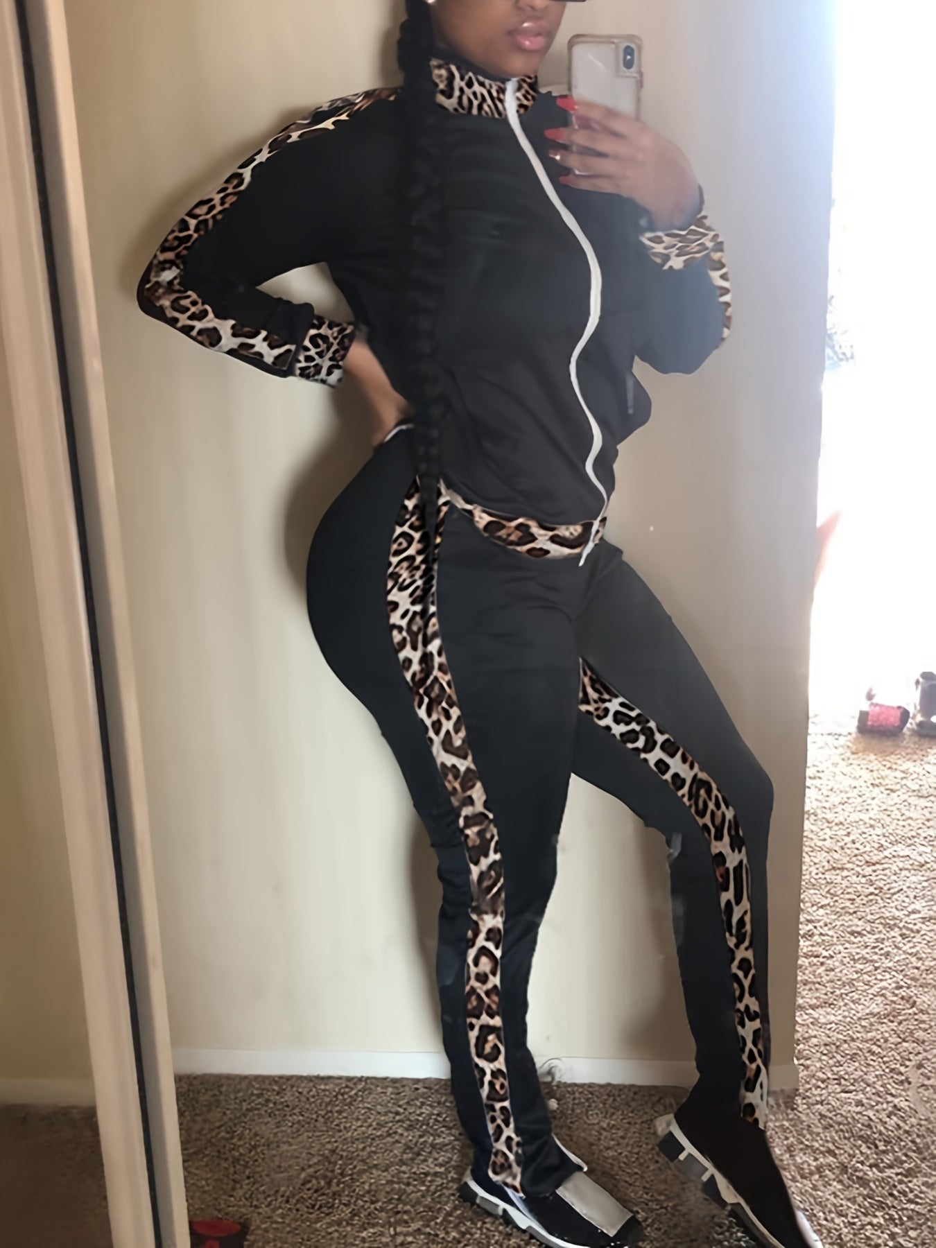  Leopard Print Zip Up High Neck Top & Pants 2 Piece Set