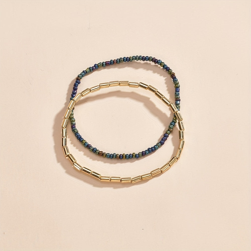 Ocean Beach Beaded Anklet Set with Mini Rice Beads
