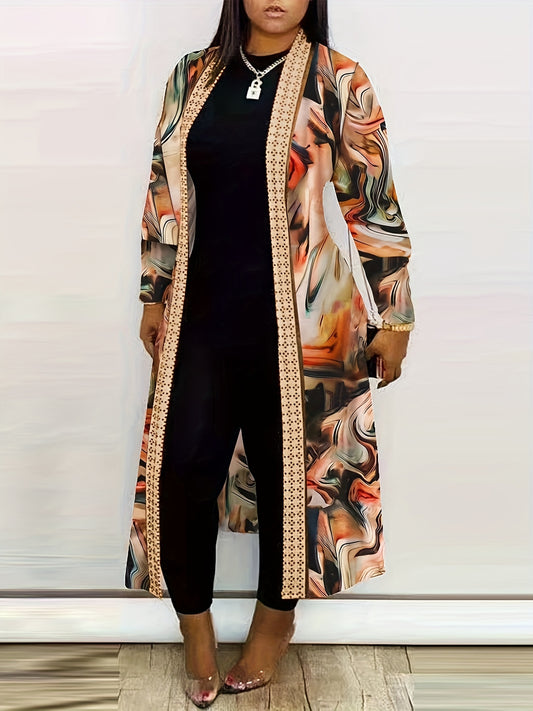  Marble Print Long Sleeve Open Front Cardigan