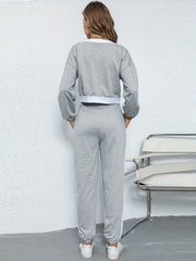  Colorblock Long Sleeve V Neck Crop Top & Joggers Set