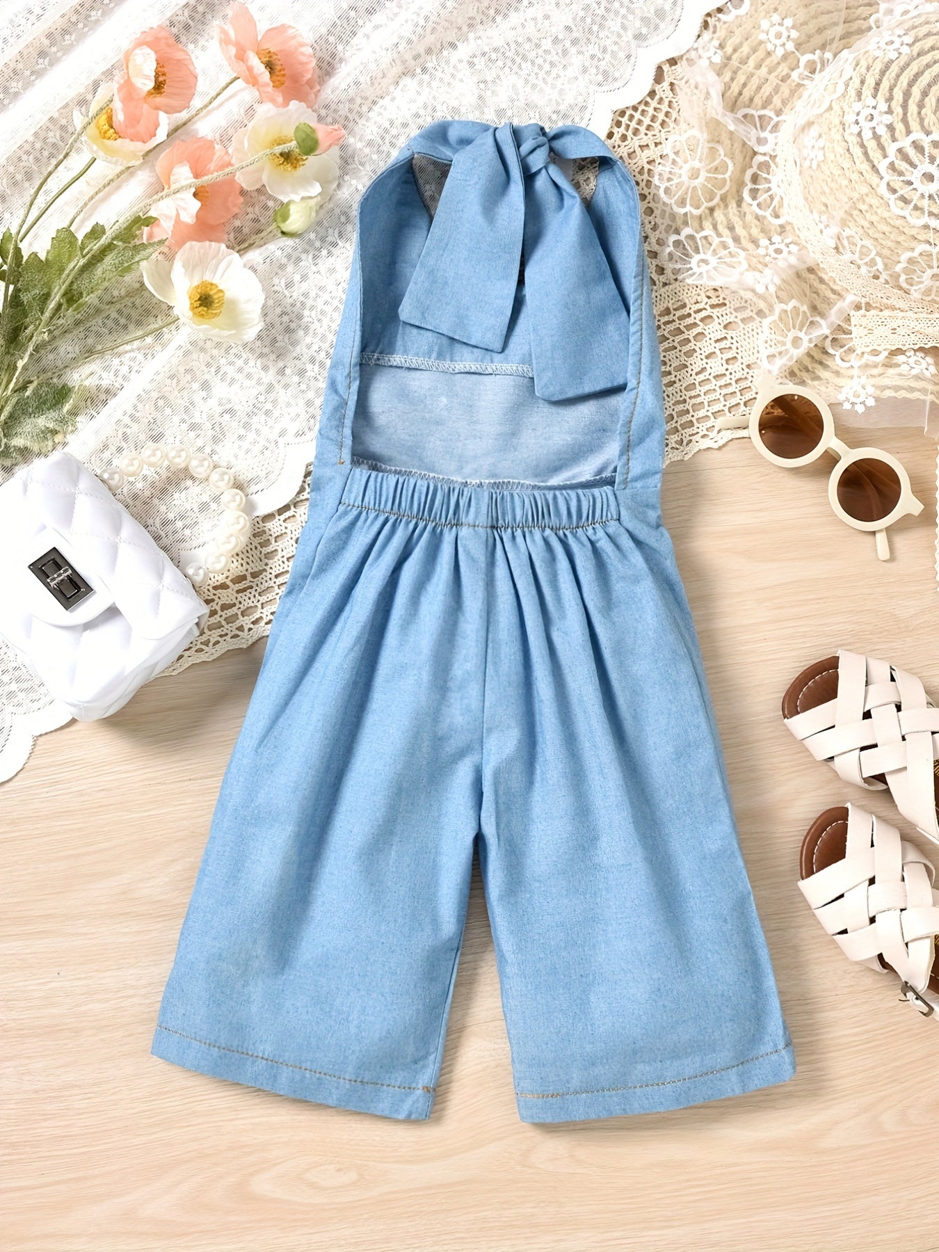 Girl's Denim Overall Jumpsuit with Backless Strap