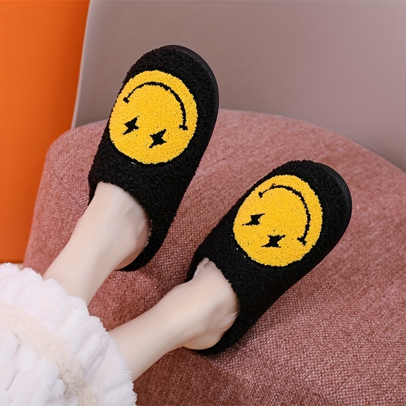 Women's Lightning Smile Face Slippers Warm Fuzzy Cozy Bedroom Plush Slippers