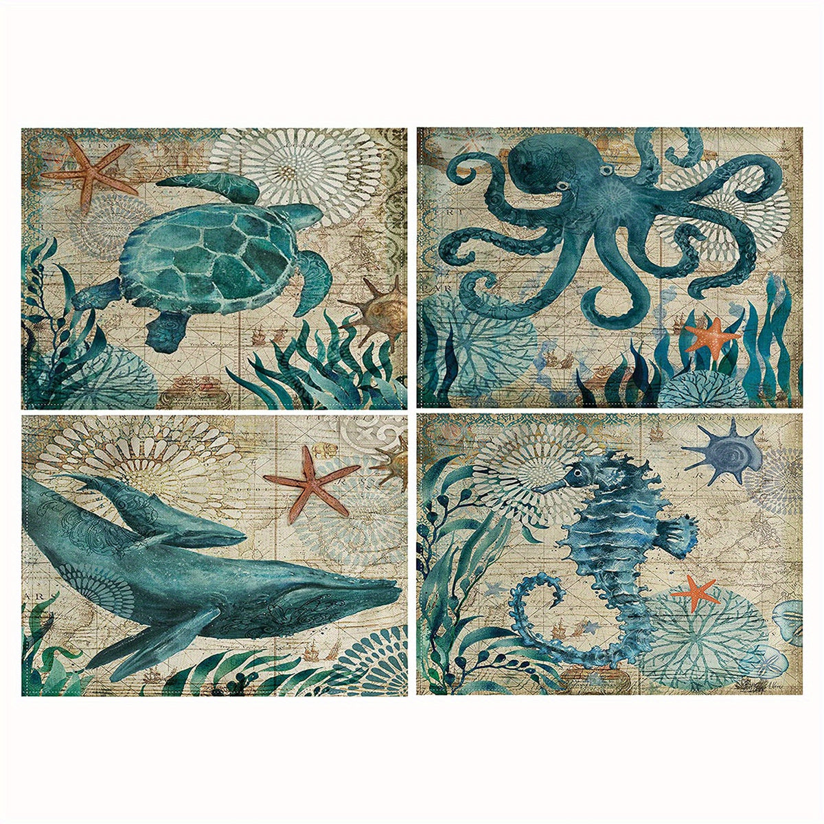 4pcs Vintage Ocean Style Linen Placemat Summer Sea Theme Table Mat