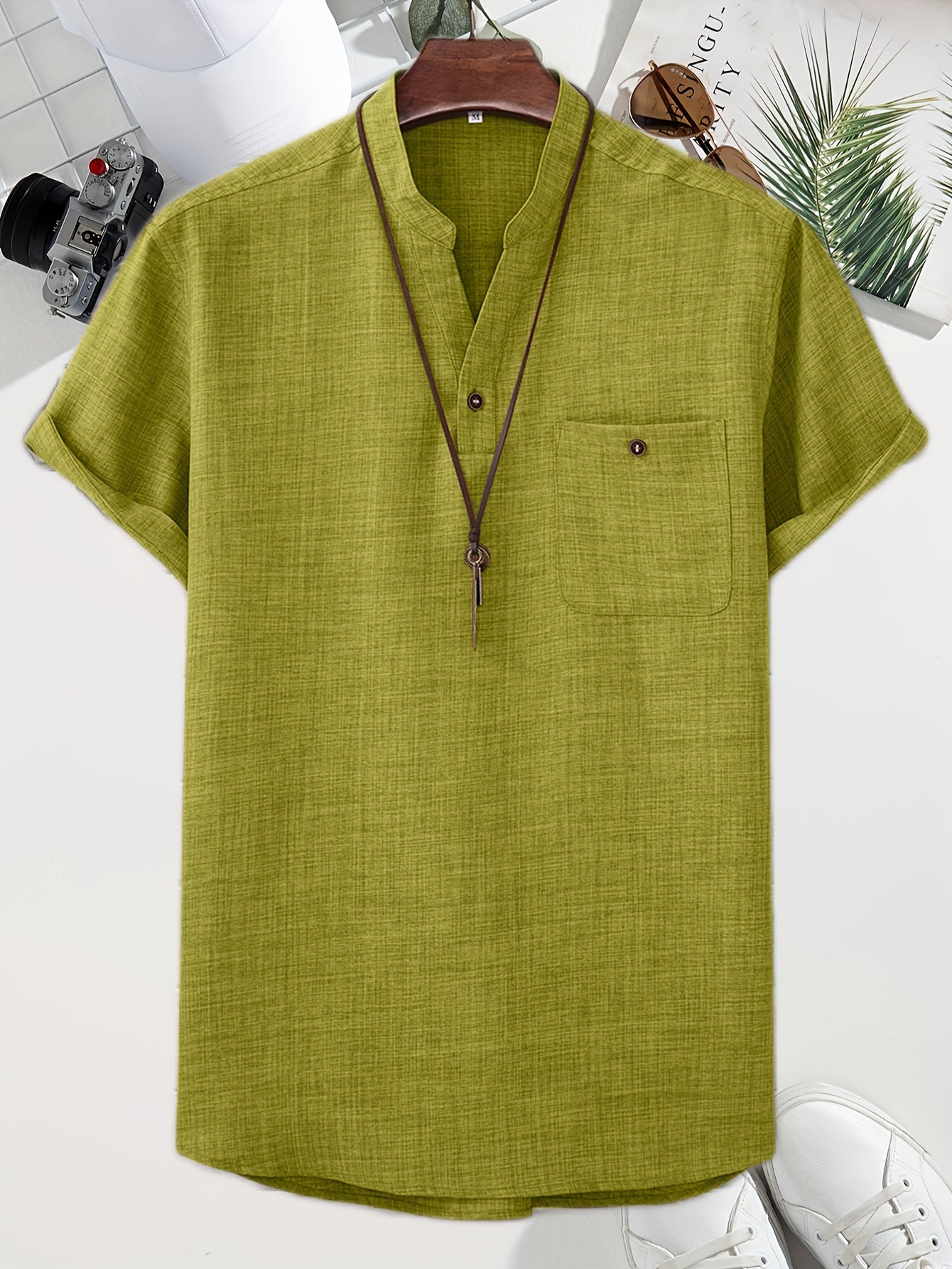 Men's Solid Stand Collar Shirt Chest Pocket Shirt