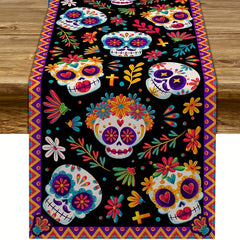 Mexican Style Skull Linen Table Runner Halloween Decor