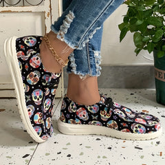 Women's Skull & Flower Print Sneakers Lace Up Outdoor Shoes
