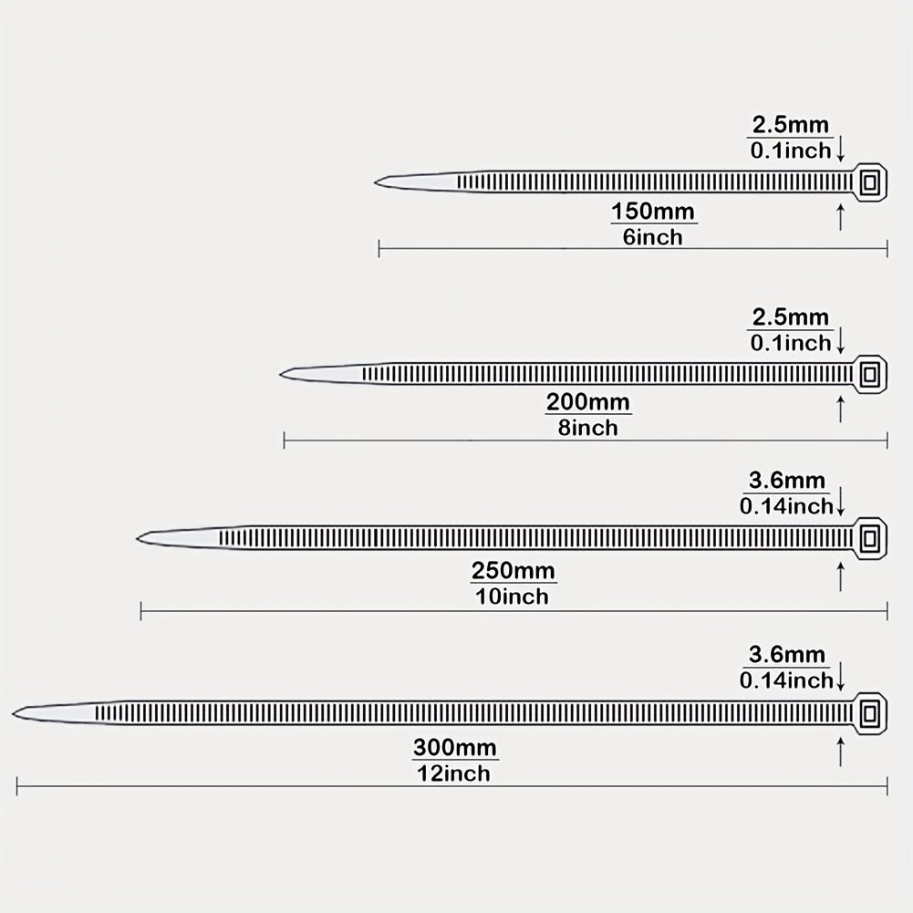 100-200pcs Assorted Sizes Cable Zip Ties Self Locking Nylon Cord Management Ties