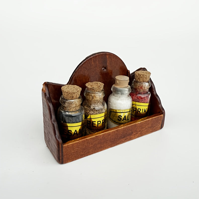 1:12 Scale Wooden Spice Rack w/ 4 Glass Bottles - Dollhouse Kitchen Decor