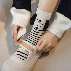 Cartoon Dog Striped Socks Women's Stockings Comfy & Mid Tube Socks
