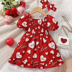 Girls Heart Print Puffy Sleeve Princess Dress