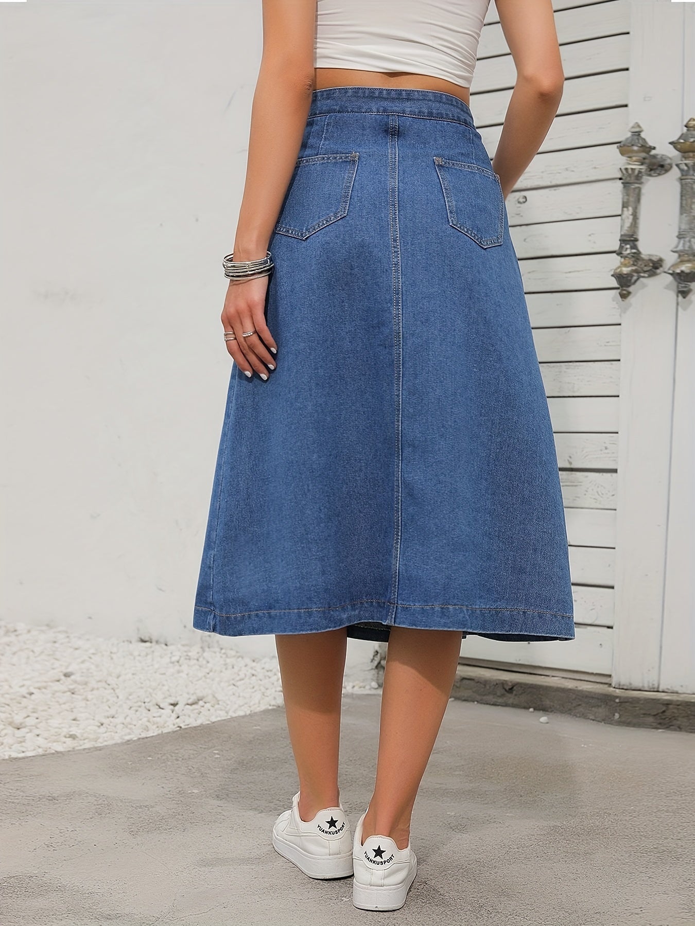 Non Stretch Denim Midi Skirt Single Breasted Button Casual Denim Skirt