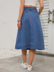 Non Stretch Denim Midi Skirt Single Breasted Button Casual Denim Skirt