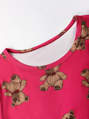 Bear Print Lounge Dress Short Sleeve Crew Neck Women's Loungewear
