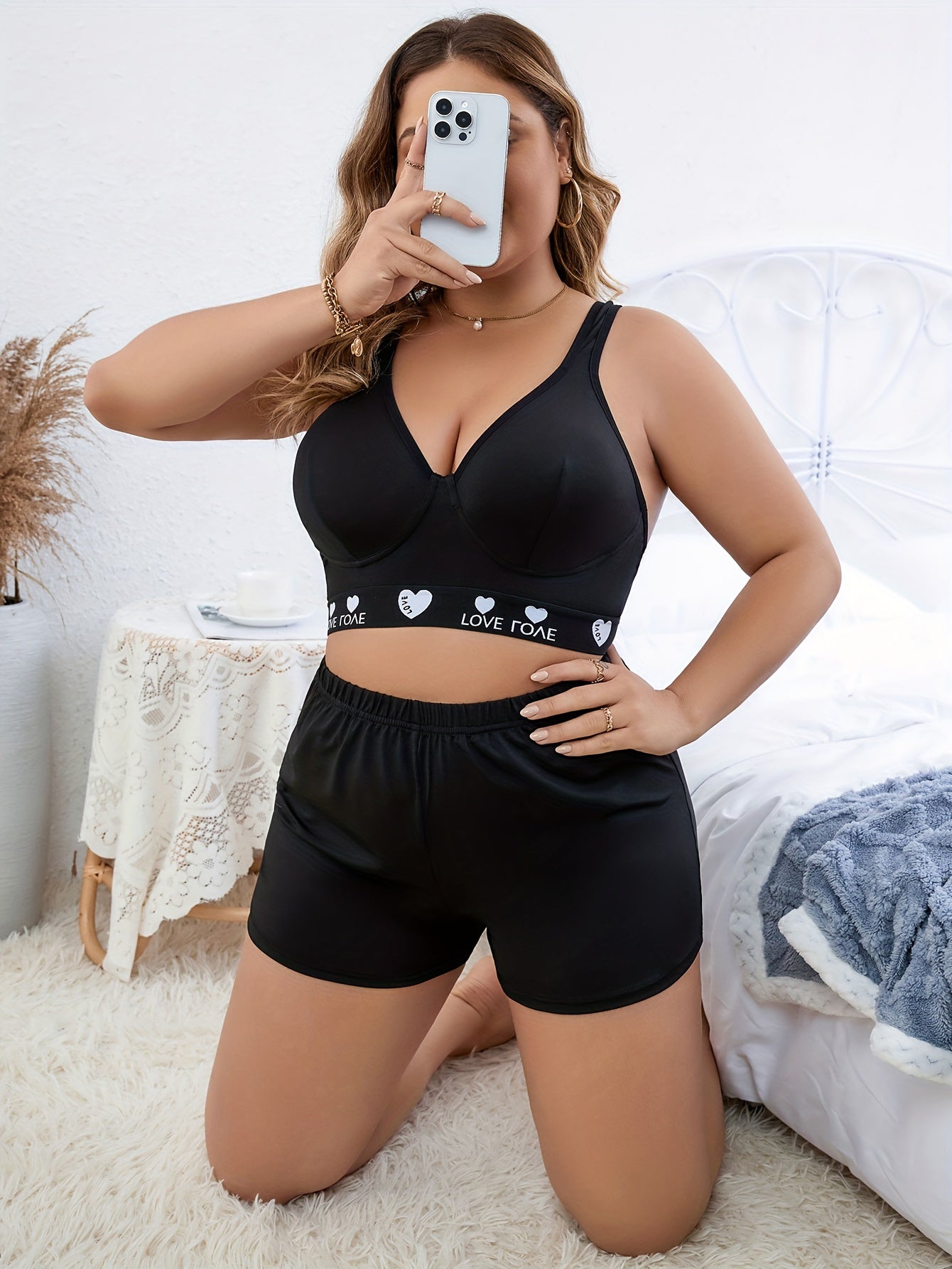  Heart Print V Neck Bra & Shorts Two Piece Underwear Set