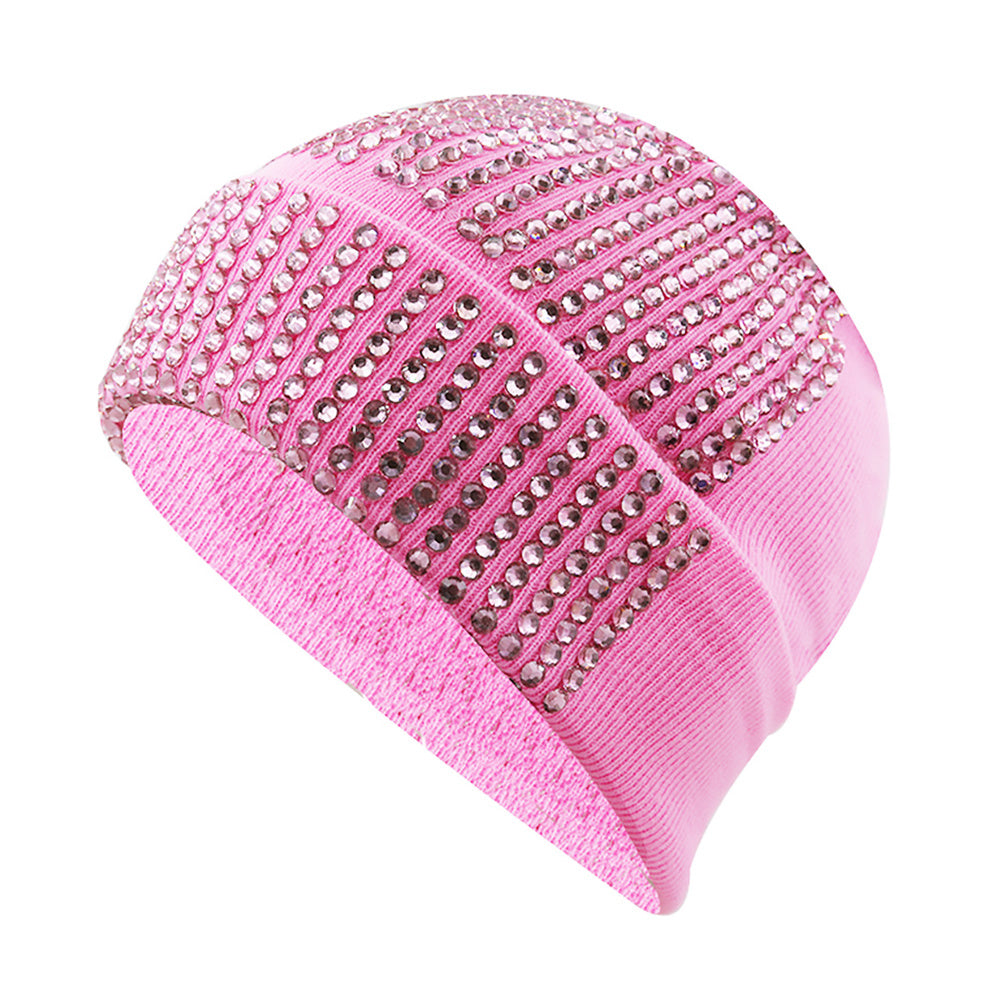 Rhinestone Knitted Hat Elastic Beanie Cap Women Hair Accessories