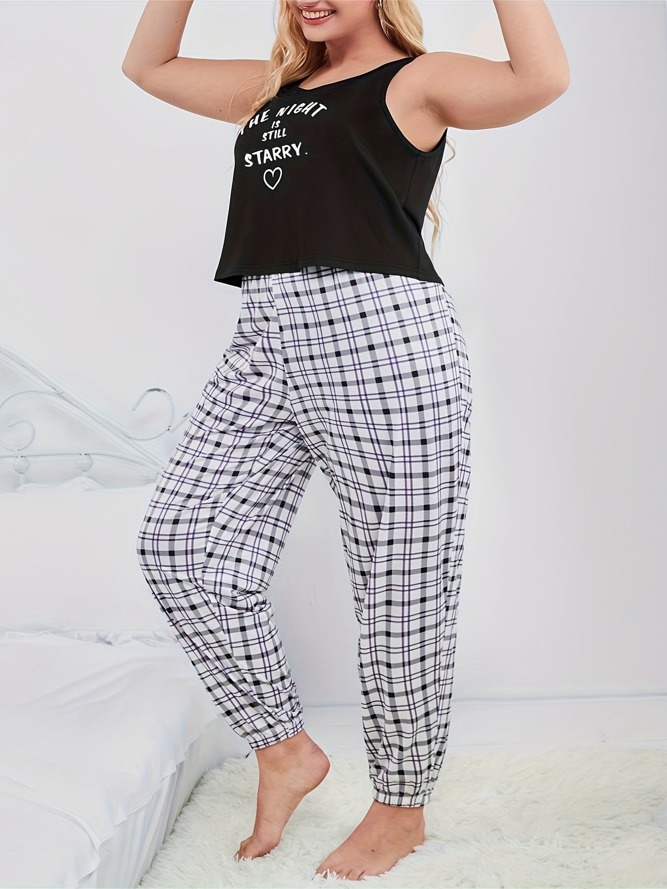  Slogan Heart Print Tank Top Plaid Joggers Lounge Set