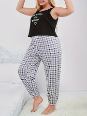  Slogan Heart Print Tank Top Plaid Joggers Lounge Set