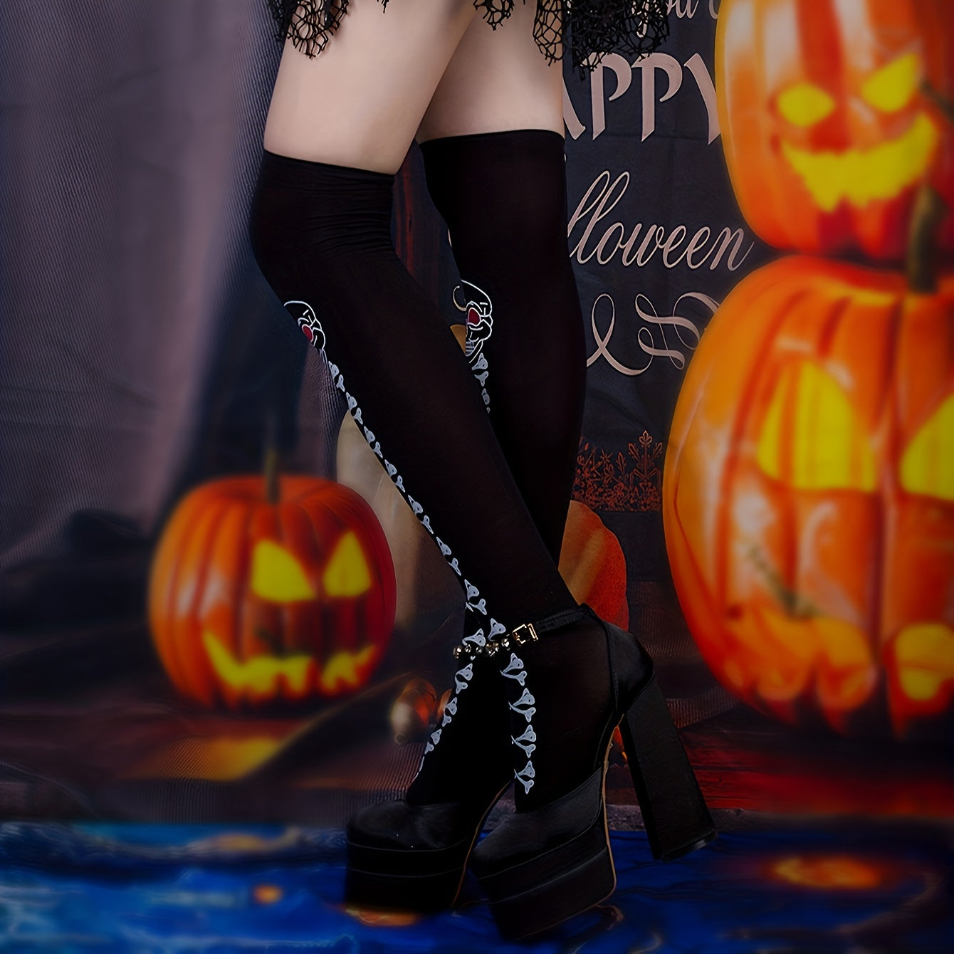 Halloween Skull Print Over The Knee Socks Women's Stockings