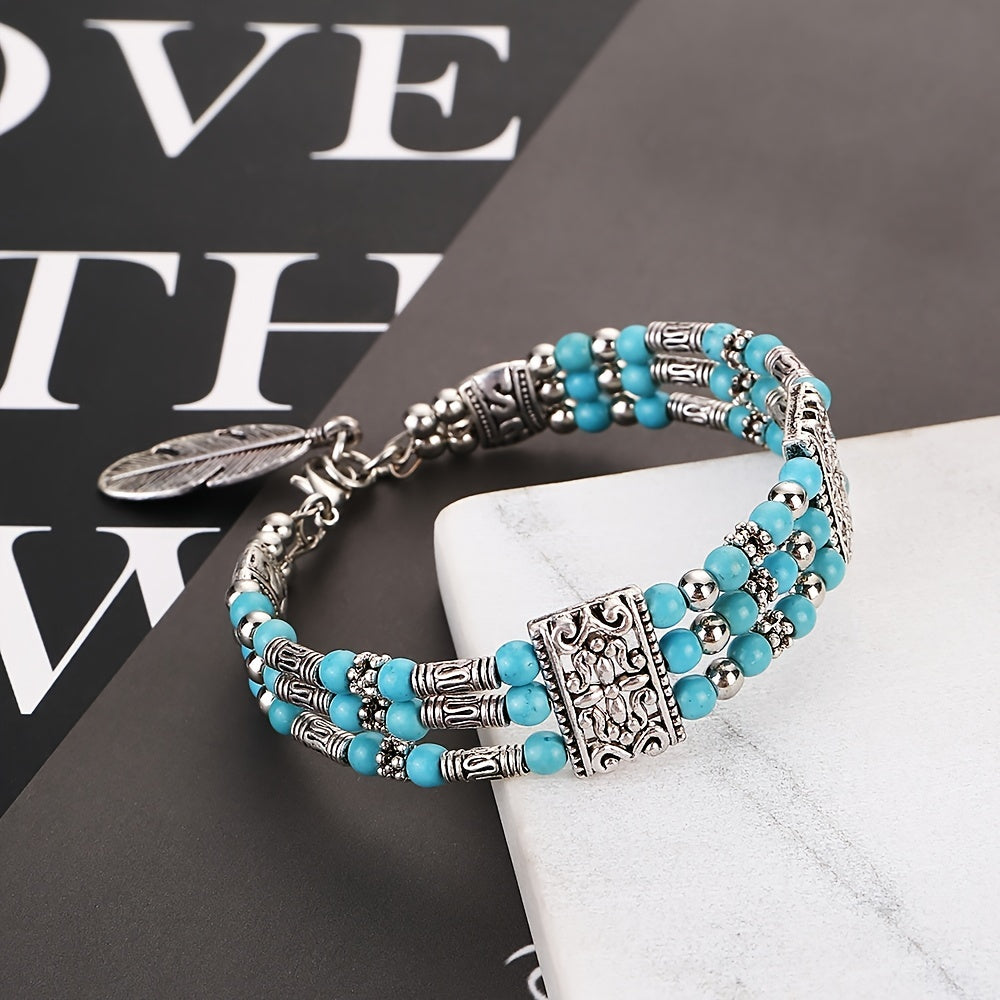 Boho Beaded Bracelet Feather Pendant Hand Jewelry