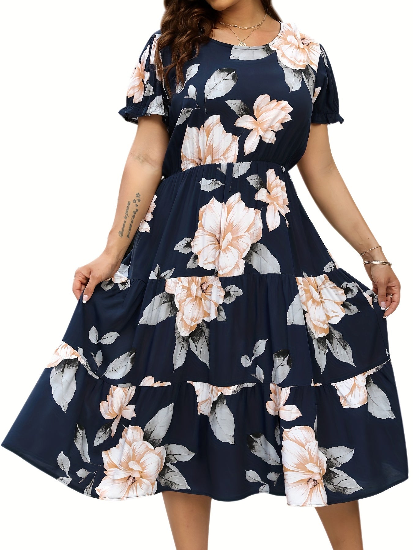  Women's Floral Print Round Neck Midi Smock Dress